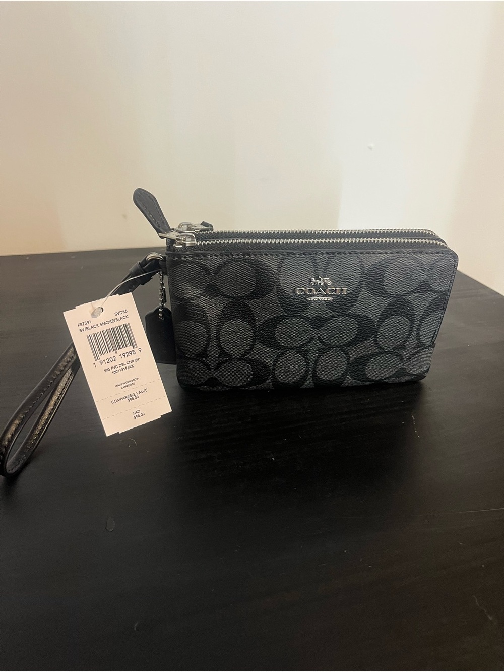 Coach Signature Double Zip Wristlet in Black/Charcoal